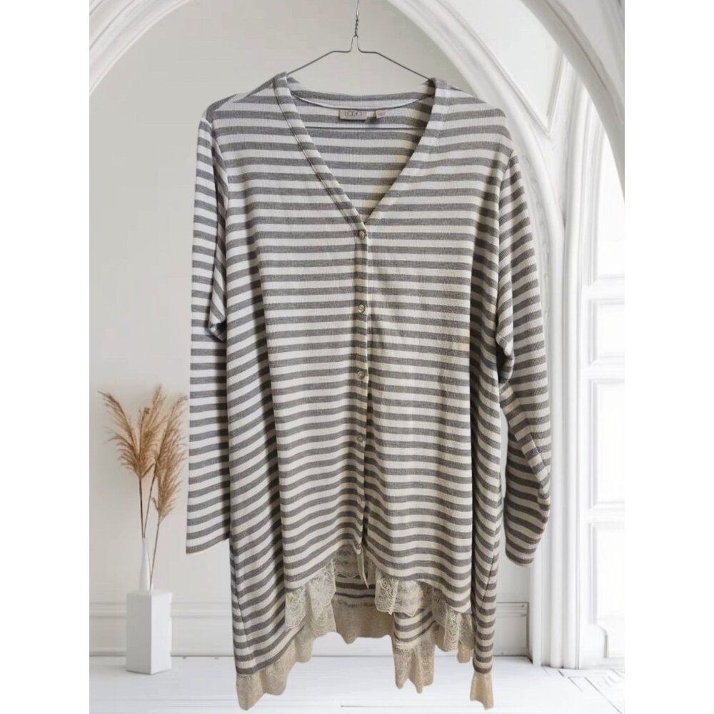 Women's LOGO Sweater Cardigan Size 3X Shell Buttons Gray White Lace V-Neck Hi Lo